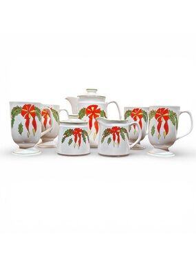 Vintage 1980s-1990s Christmas Holly Bow Ceramic Coffee & Mug Set w/ Original Box
